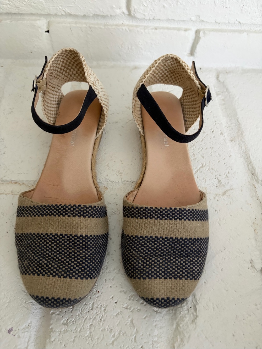 Eric Michael Navy Blue and Tan Striped Espadrille Ankle-Strap Flats